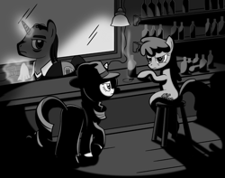 Size: 1425x1125 | Tagged: artist needed, safe, character:berry punch, character:berryshine, character:rarity, angry, ashtray, bar, black and white, booze, cigar, clothing, detective, detective rarity, drunk, fedora, grayscale, hat, hilarious in hindsight, noir, smoking, trenchcoat