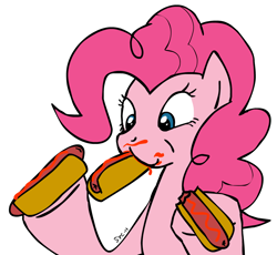 Size: 944x870 | Tagged: artist needed, safe, character:pinkie pie, eating, holding, hot dog, ponies eating meat, solo