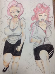 Size: 640x852 | Tagged: artist needed, safe, character:fluttershy, character:pinkie pie, species:human, big breasts, breasts, busty fluttershy, busty pinkie pie, cleavage, drawthread, exercise, female, humanized, light skin, running, sweat, traditional art