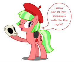Size: 899x757 | Tagged: artist needed, source needed, safe, character:drama letter, character:watermelody, alternate design, background human, beret, ponified, skull, solo