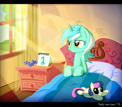 Size: 1000x870 | Tagged: artist needed, safe, character:bon bon, character:lyra heartstrings, character:sweetie drops, ask-lyra-kor, bed, calendar, doll, happy new year, morning, morning ponies
