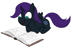 Size: 1127x723 | Tagged: artist needed, source needed, safe, oc, oc only, oc:nyx, species:alicorn, species:pony, g4, alicorn oc, book, female, filly, prone, reading, simple background, smiling, solo, white background