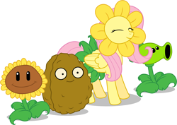 Size: 1280x907 | Tagged: dead source, safe, artist:friendshipismagic, character:fluttershy, :i, crossover, cute, eyes closed, peashooter, plants vs zombies, shyabetes, smiling, sunflower, wall-nut