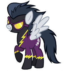 Size: 451x500 | Tagged: artist needed, safe, character:nightshade, character:rumble, species:pegasus, species:pony, g4, clothing, costume, male, raised hoof, shadowbolts, shadowbolts costume, simple background, solo, stallion, white background