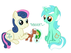Size: 4000x3000 | Tagged: artist needed, source needed, safe, artist:e z, character:bon bon, character:lyra heartstrings, character:sweetie drops, species:earth pony, species:pony, species:unicorn, bon bon the shipper, crossover, epona, female, filly, humie, kissing, link, lyra the shipper, mare, now kiss, ponified, puppet shipping, shipper on deck, simple background, the legend of zelda, transparent background