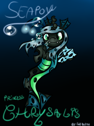 Size: 480x640 | Tagged: artist needed, safe, character:queen chrysalis, ask the changeling princess, bubble, cute, cutealis, fangs, female, filly, filly queen chrysalis, foal, freckles, gradient background, looking at you, merpony, nymph, princess chrysalis, seaponified, signature, small wings, smiling, solo, species swap, swimming, text, underwater, wings, younger