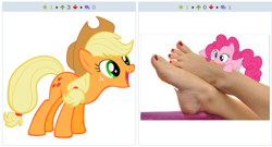 Size: 512x276 | Tagged: artist needed, safe, character:applejack, character:pinkie pie, derpibooru, exploitable meme, feet, foot fetish, foot focus, juxtaposition, juxtaposition win, licking, meme, meta, nail polish, simple background, solo, vector, white background