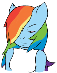 Size: 760x976 | Tagged: safe, artist:daniruu, character:rainbow dash, species:anthro, angry, bust, clothing, frown, hair over one eye, looking at you, rainbow dash is not amused, shirt, unamused, undershirt