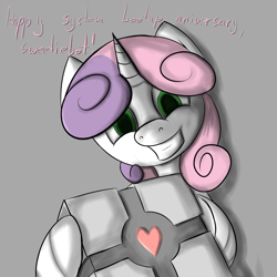 Size: 1024x1024 | Tagged: artist needed, safe, character:sweetie belle, species:pony, species:unicorn, sweetie bot, companion cube, female, filly, foal, gray background, hooves, horn, looking at you, portal (valve), robot, robot pony, simple background, solo, teeth, text