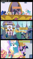 Size: 1280x2272 | Tagged: source needed, safe, edit, edited screencap, screencap, character:applejack, character:fleur de verre, character:fluttershy, character:lyra heartstrings, character:pinkie pie, character:princess celestia, character:princess luna, character:rainbow dash, character:rarity, character:twilight sparkle, character:twilight sparkle (alicorn), species:alicorn, species:crystal pony, species:earth pony, species:pegasus, species:pony, species:unicorn, episode:magical mystery cure, g4, my little pony: friendship is magic, alicorn drama, canterlot, canterlot castle, clothing, comic, coronation dress, drama, dress, female, funny, happy ending override, hoof hold, hoof shoes, jewelry, lottery, lotto, mane six, mare, op is a duck, screencap comic, shocked, speech, speechless, spread wings, tiara, ticket, upset, waving, wings, winner, yay