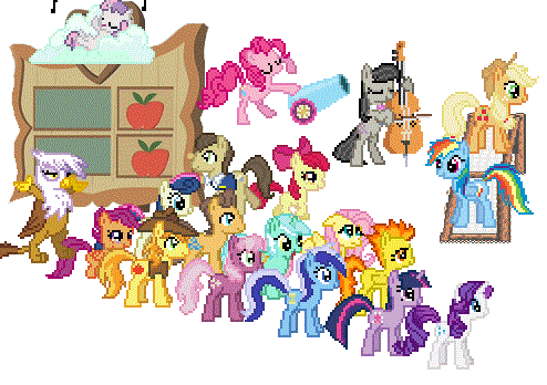 Size: 494x348 | Tagged: artist needed, source needed, safe, character:apple bloom, character:applejack, character:bon bon, character:braeburn, character:caramel, character:cheerilee, character:fluttershy, character:gilda, character:lyra heartstrings, character:minuette, character:octavia melody, character:pinkie pie, character:rainbow dash, character:rarity, character:scootaloo, character:spitfire, character:sweetie belle, character:sweetie drops, character:twilight sparkle, character:twilight sparkle (unicorn), species:earth pony, species:griffon, species:pegasus, species:pony, species:unicorn, cello, cutie mark crusaders, female, male, mane six, mare, musical instrument, party cannon, pixel art, stallion