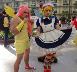 Size: 600x557 | Tagged: artist needed, safe, artist:metalslimer, character:fluttershy, character:rainbow dash, species:human, anime los angeles, clothing, convention, cosplay, irl, irl human, maid, manly, photo, rule 63