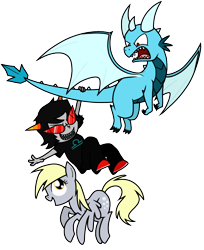Size: 816x1000 | Tagged: artist needed, source needed, safe, character:derpy hooves, species:dragon, species:pegasus, species:pony, g4, crossover, female, flying, homestuck, mare, simple background, terezi pyrope, transparent background, troll (homestuck)