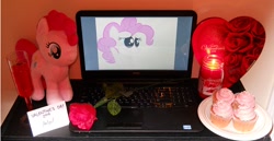 Size: 600x310 | Tagged: artist needed, safe, character:pinkie pie, /mlp/, 2014, 4chan, candle, computer, cupcake, irl, laptop computer, otaku date, photo, plushie, rose, valentine, valentine's day, waifu dinner