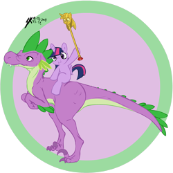 Size: 1500x1500 | Tagged: artist needed, source needed, safe, character:spike, character:twilight sparkle, character:twilight sparkle (alicorn), species:alicorn, species:pony, duo, female, filly, filly twilight sparkle, foal, hoof hold, magnetic hooves, ponies riding dinosaurs, ponies riding dragons, riding, species swap, twilight scepter, younger