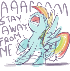 Size: 988x1000 | Tagged: artist needed, safe, character:rainbow dash, d:, drawfag, eyes closed, nose in the air, open mouth, panic, scared, screaming, shaking, solo, spread wings, wings, yelling