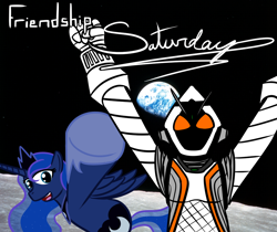 Size: 1000x838 | Tagged: artist needed, safe, character:princess luna, species:alicorn, species:pony, g4, earth, female, it's friendship time, kamen rider, kamen rider fourze, mare, moon, space