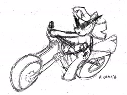 Size: 1776x1336 | Tagged: artist needed, safe, character:twilight sparkle, kamina sunglasses, monochrome, motorcycle, solo, traditional art