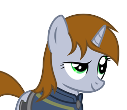 Size: 1444x1255 | Tagged: artist needed, source needed, safe, oc, oc only, oc:littlepip, species:pony, species:unicorn, fallout equestria, clothing, cutie mark, fanfic, fanfic art, female, horn, mare, simple background, smiling, solo, transparent background, vault suit