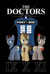 Size: 488x720 | Tagged: safe, artist:hezaa, character:doctor whooves, character:time turner, clothing, doctor who, eleventh doctor, fez, hat, ninth doctor, sonic screwdriver, tardis, tenth doctor