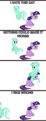 Size: 800x2085 | Tagged: artist needed, safe, character:lyra heartstrings, character:twilight sparkle, comic, grumpy, grumpy twilight, hate, horn warmer, pony hat, simple background, sitting, sitting lyra, sitting on pony, unamused