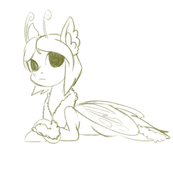 Size: 700x700 | Tagged: artist needed, safe, artist:anonymous, oc, oc only, oc:sepia, species:mothpony, species:pony, ear fluff, female, fluffy, looking at you, lying down, mare, monochrome, original species, simple background, solo, white background