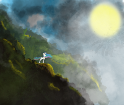 Size: 738x623 | Tagged: artist needed, source needed, safe, character:princess celestia, mountain, scenery, solo, sun