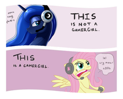 Size: 928x749 | Tagged: artist needed, safe, character:fluttershy, character:princess luna, species:alicorn, species:pegasus, species:pony, gamer luna, g4, comic, dialogue, faec, gamer, gamer girl, lidded eyes, profile, spread wings, text, wings