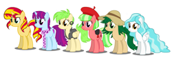 Size: 1261x440 | Tagged: artist needed, safe, character:cherry crash, character:drama letter, character:mystery mint, character:paisley, character:sunset shimmer, character:watermelody, species:pony, g4, my little pony:equestria girls, alternate design, alternate mane six, background human, cherry crash, equestria girls ponified, heart struck, ponified, shimmer six, sweet leaf