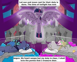 Size: 950x775 | Tagged: artist needed, source needed, safe, character:princess celestia, character:princess luna, character:twilight sparkle, character:twilight sparkle (alicorn), species:alicorn, species:pony, casket, dead, eyes closed, female, flower, funeral, glow, mare, mortality blues, s1 luna, sad, vow