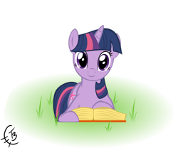 Size: 900x750 | Tagged: safe, artist:thetidbit, character:twilight sparkle, character:twilight sparkle (unicorn), species:pony, species:unicorn, book, female, looking at you, mare, reading, smiling, solo