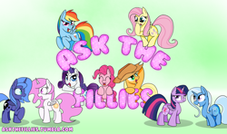 Size: 1500x886 | Tagged: artist needed, safe, artist:askthefillies, character:applejack, character:fluttershy, character:pinkie pie, character:princess celestia, character:princess luna, character:rainbow dash, character:rarity, character:trixie, character:twilight sparkle, character:twilight sparkle (alicorn), species:alicorn, species:pony, ask, ask the fillies, boop, cewestia, cute, eye contact, eyes closed, female, filly, flying, frown, grin, grumpy, looking at you, mane six, mare, open mouth, oversized hat, raised eyebrow, raised hoof, self-boop, smiling, smirk, squee, surprised, tumblr, twin, unamused, waving, wide eyes, woona