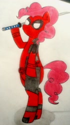 Size: 2248x4000 | Tagged: artist needed, source needed, safe, character:pinkie pie, deadpool, pinkiepool, solo, sword, traditional art