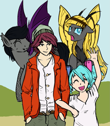 Size: 737x844 | Tagged: artist needed, safe, character:normal norman, oc, oc:aux, oc:hexferry, oc:hope, parent:lyra heartstrings, satyr, species:bat pony, species:mothpony, /mlp/, my little pony:equestria girls, 4chan, background human, eyes closed, floppy ears, flying, grin, offspring, open mouth, original species, smiling