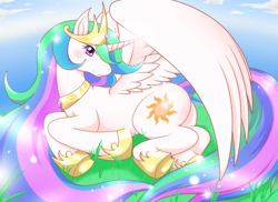 Size: 1710x1245 | Tagged: artist needed, safe, character:princess celestia, species:alicorn, species:pony, cloud, female, grass, looking at you, mare, on side, pixiv, sky, solo, spread wings, wings