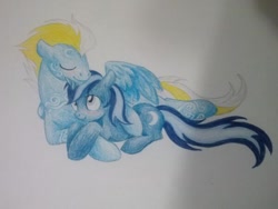 Size: 600x450 | Tagged: artist needed, safe, oc, oc only, oc:azure depths, oc:cold front, species:pony, blushing, cuddling, cute, drawing, male, photo, shipping, snuggling, stallion, traditional art