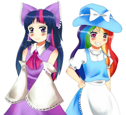 Size: 700x637 | Tagged: artist needed, source needed, safe, character:rainbow dash, character:twilight sparkle, species:human, blushing, crossover, hakurei reimu, humanized, kirisame marisa, rainbow dash always dresses in style, touhou