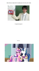 Size: 866x1582 | Tagged: artist needed, safe, character:princess cadance, character:queen chrysalis, character:shining armor, species:alicorn, species:human, species:pony, species:unicorn, ship:shiningcadance, fake cadance, female, glasses, hoof hold, irl, irl human, japan, konami, love plus, male, mare, marriage, nene anegasaki, nintendo ds, photo, shipping, smiling, stallion, straight, video game