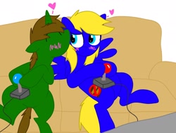 Size: 2048x1536 | Tagged: artist needed, safe, blushing, couch, gay, heart, kiss on the cheek, kissing, male, pewdiepie, playing, ponified, tobuscus