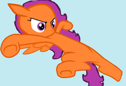 Size: 572x392 | Tagged: artist needed, safe, base used, character:scootaloo, species:pegasus, species:pony, adult, alternate hairstyle, angry, blue background, female, out of color, simple background, smile hd, solo, wings