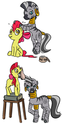Size: 539x1075 | Tagged: artist needed, safe, character:apple bloom, character:zecora, species:earth pony, species:pony, species:zebra, alternate hairstyle, apple bloom's bow, book, bow, brush, female, filly, hair bow, hair gel, hairbrush, mane, mare, mohawk, stool