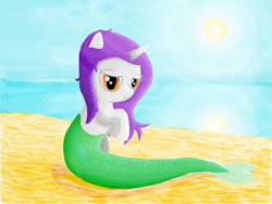 Size: 1600x1200 | Tagged: artist needed, safe, oc, oc only, species:pony, species:unicorn, beach, female, lens flare, mare, mermaid, merpony, outdoors, scales, solo