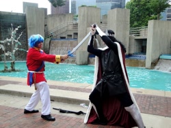 Size: 1024x768 | Tagged: artist needed, safe, character:king sombra, character:shining armor, species:human, 2013, convention, cosplay, fight, irl, irl human, master sword, otakon, photo, sword, the legend of zelda