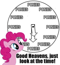 Size: 418x455 | Tagged: artist needed, source needed, safe, character:pinkie pie, species:earth pony, species:pony, g4, artifact, caption, clock, female, image macro, just look at the time, mare, meme, photoshop, pinkie time, pony time, reaction image, smiling, solo, text, time for ponies