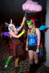 Size: 1365x2048 | Tagged: artist needed, safe, character:discord, character:rainbow dash, oc:eris, species:human, 2013, clothing, cloud, convention, cosplay, cotton candy cloud, dragon con, dragoncon, gloves, irl, irl human, photo, rule 63