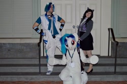 Size: 2048x1358 | Tagged: artist needed, safe, character:dj pon-3, character:octavia melody, character:vinyl scratch, species:human, 2014, clothing, convention, cosplay, fursuit, high heels, irl, irl human, katsucon, katsucon 2014, photo, rule 63, skirt, tube skirt