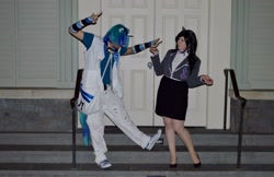 Size: 2048x1331 | Tagged: artist needed, safe, character:dj pon-3, character:octavia melody, character:vinyl scratch, species:human, 2014, clothing, convention, cosplay, high heels, irl, irl human, katsucon, katsucon 2014, photo, rule 63, skirt, tube skirt