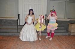 Size: 2048x1326 | Tagged: artist needed, safe, character:fluttershy, character:pinkie pie, character:rarity, species:human, 2014, clothing, convention, cosplay, dress, groucho mask, hat, irl, irl human, katsucon, katsucon 2014, necklace, party hat, photo, short dress