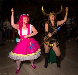 Size: 2000x1935 | Tagged: artist needed, safe, character:pinkie pie, species:human, 2012, anime weekend atlanta, convention, cosplay, crossover, irl, irl human, loki, photo, suspenders