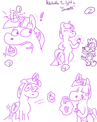 Size: 4779x6013 | Tagged: artist needed, safe, character:spike, character:twilight sparkle, character:twilight sparkle (alicorn), species:alicorn, species:pony, :t, absurd resolution, adorkable, comic, cupcake, cute, dork, eating, eyes closed, female, floppy ears, humor, looking at you, magic, mare, muffin, puffy cheeks, sitting, smiling, sweets, telekinesis